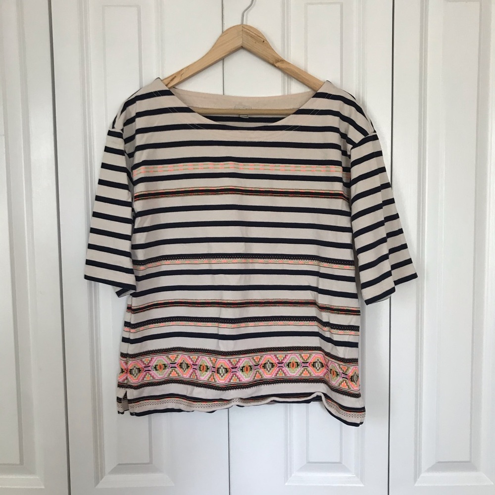 J. Crew • Navy Stripe Embroidered Blouse